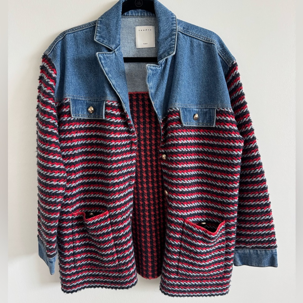 Sandro Oversized Tweed & Denim Jacket Small